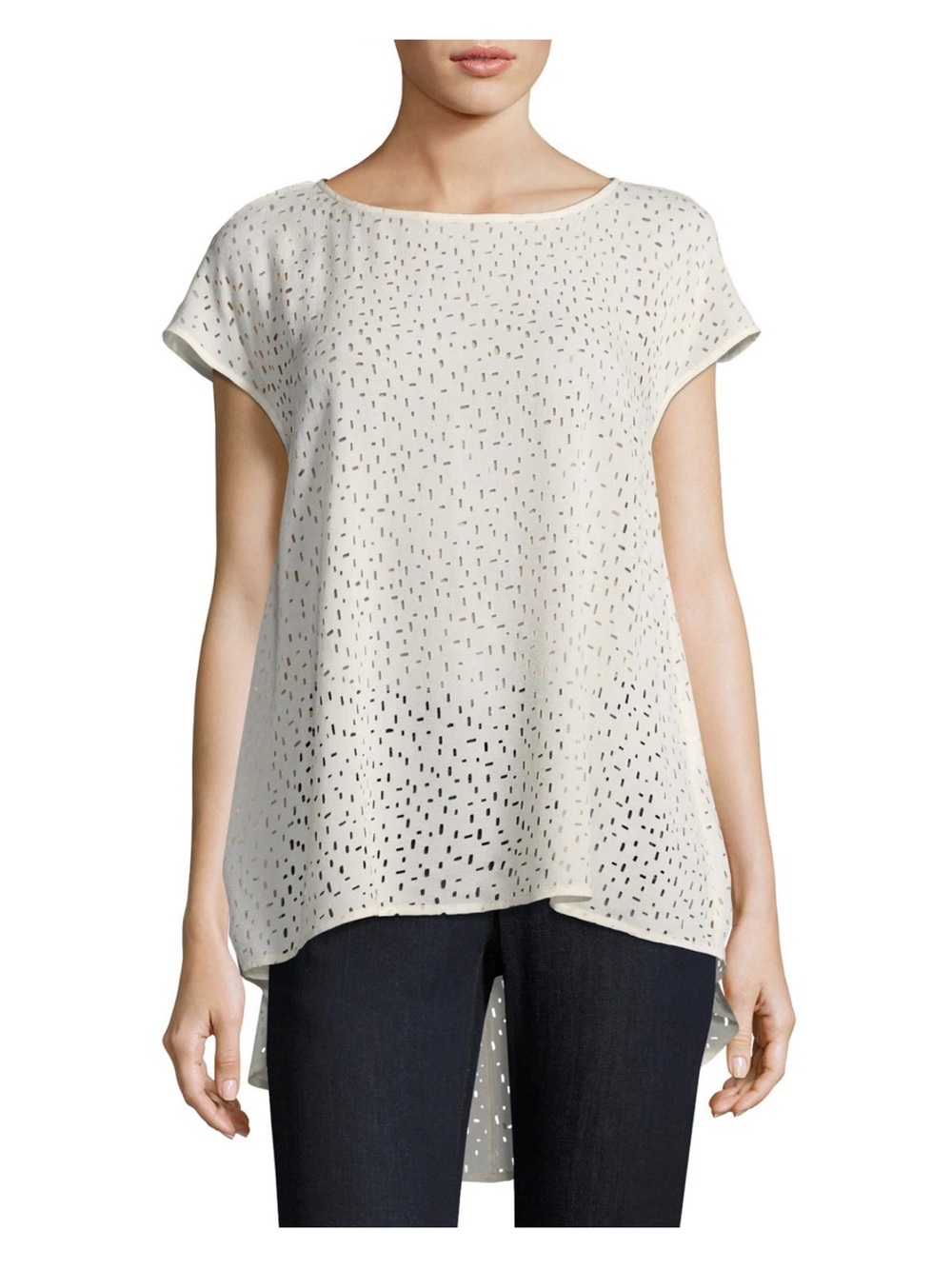 Eileen Fisher Confetti Laser Cut Silk Ballet Neck A Line Top, Bone L NWT